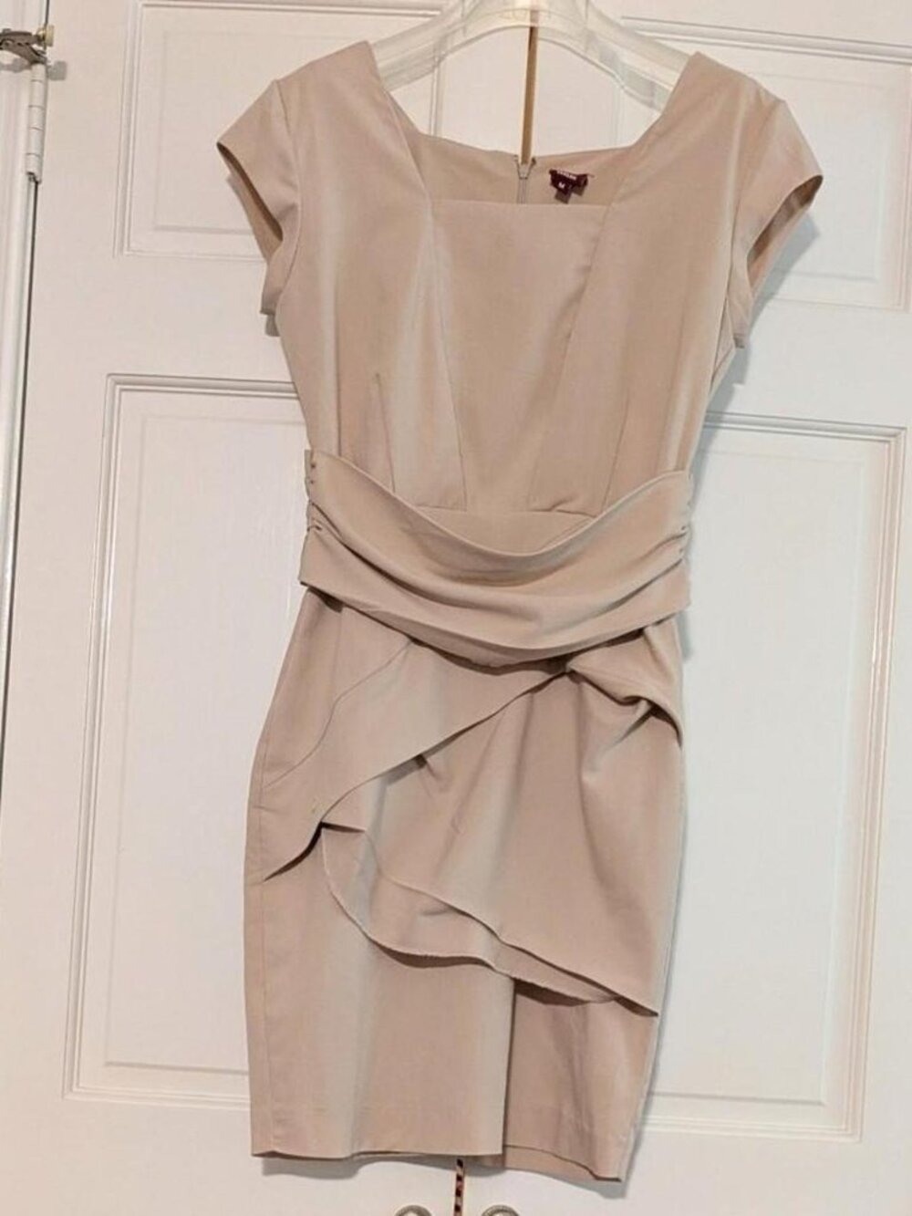 VANSAN Beige Square Neck Bodycon Sheath Dress with Asymmetrical Ruffle Layering
